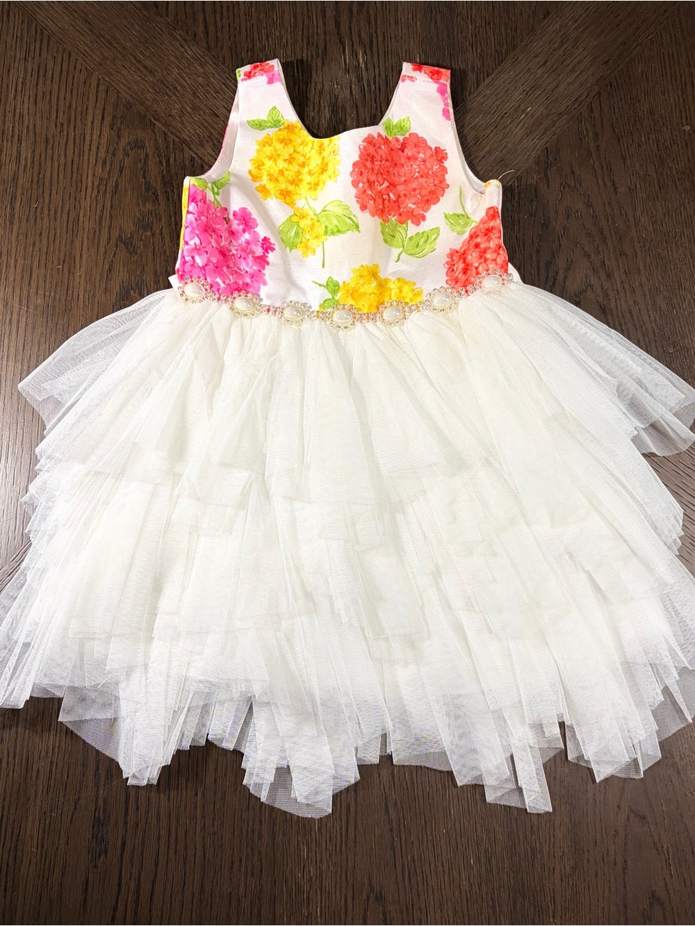 American Princess Ivory Tulle Dress with Pink, Yellow & Coral Floral Bodice